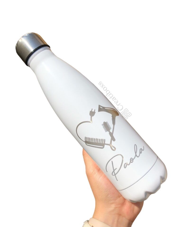 termo botella de acero color blanco personalizada en grabado laser para regalo estilista maquillista hair stylist