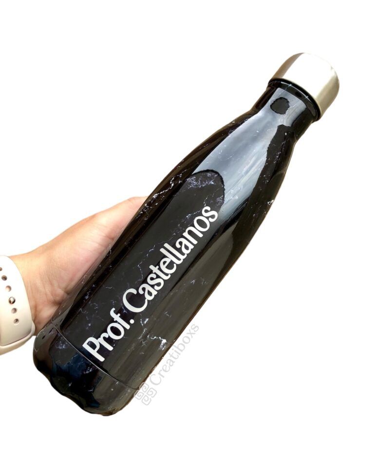 termo botella de acero color negro personalizada en grabado laser para regalo maestro maestra profesor profesora
