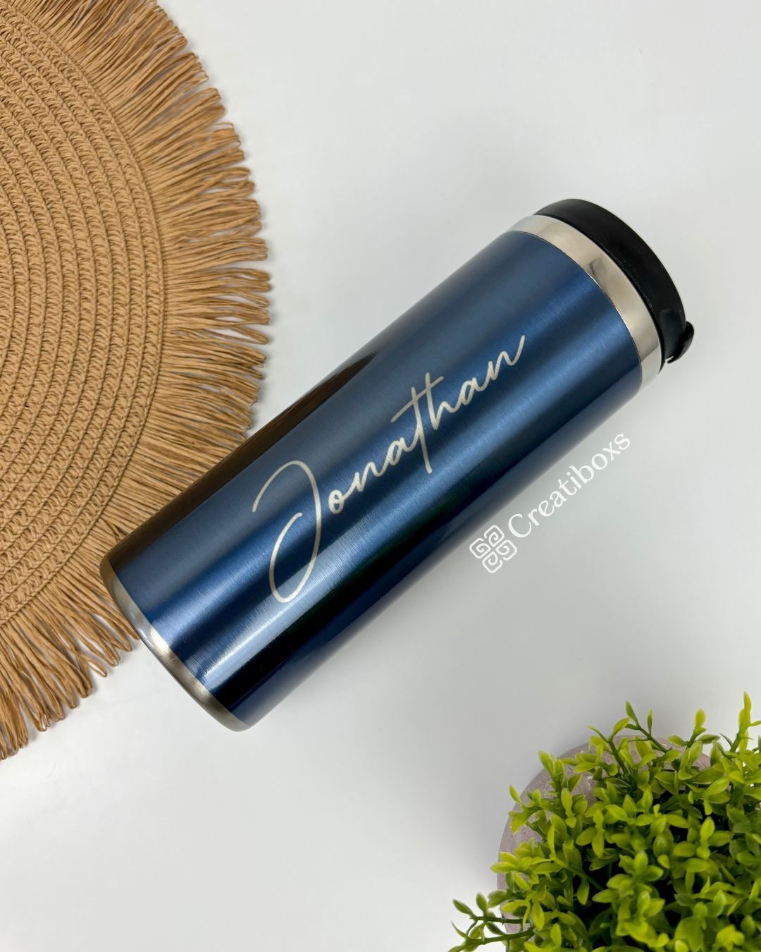Termo de acero inoxidable color azul personalizado sublimado con nombre para regalo