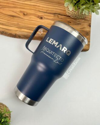 termo 30oz azul con agarradera personalizado logo en grabado laser