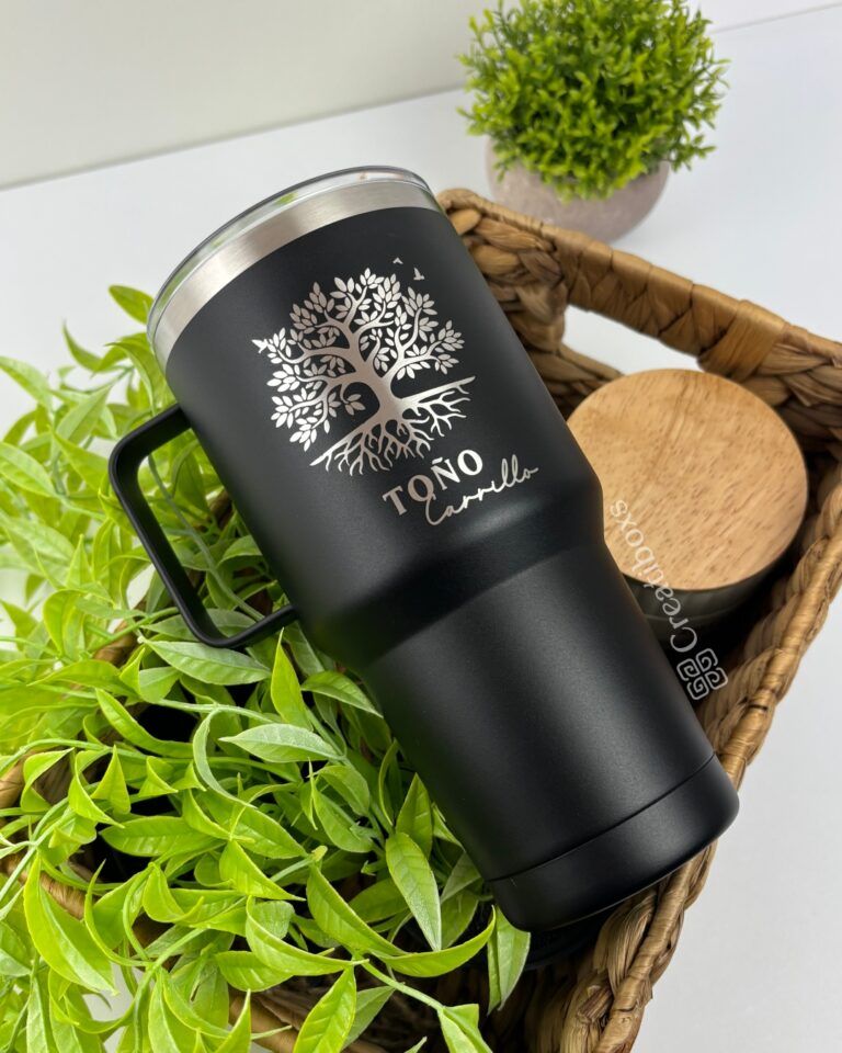 termo 30oz negro con agarradera regalo personalizado grabado laser arbol de la vida y nombre