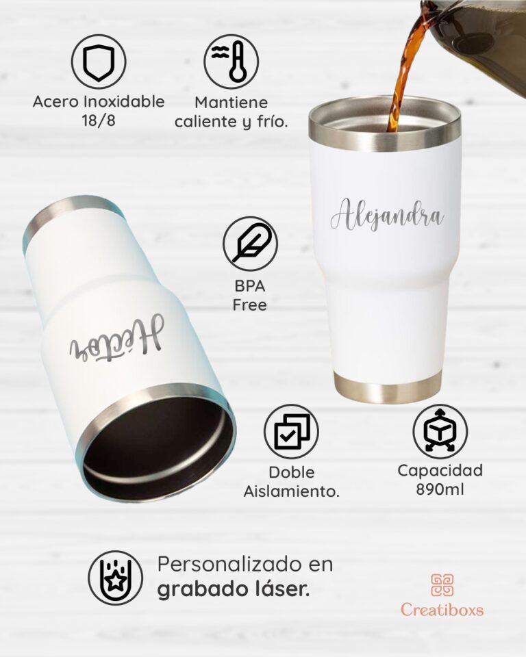 termo 30oz blanco personalizado grabado laser caracteristicas
