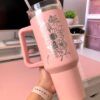 termo 40oz rosa regalo personalizado en grabado laser con nombre y flores girasol