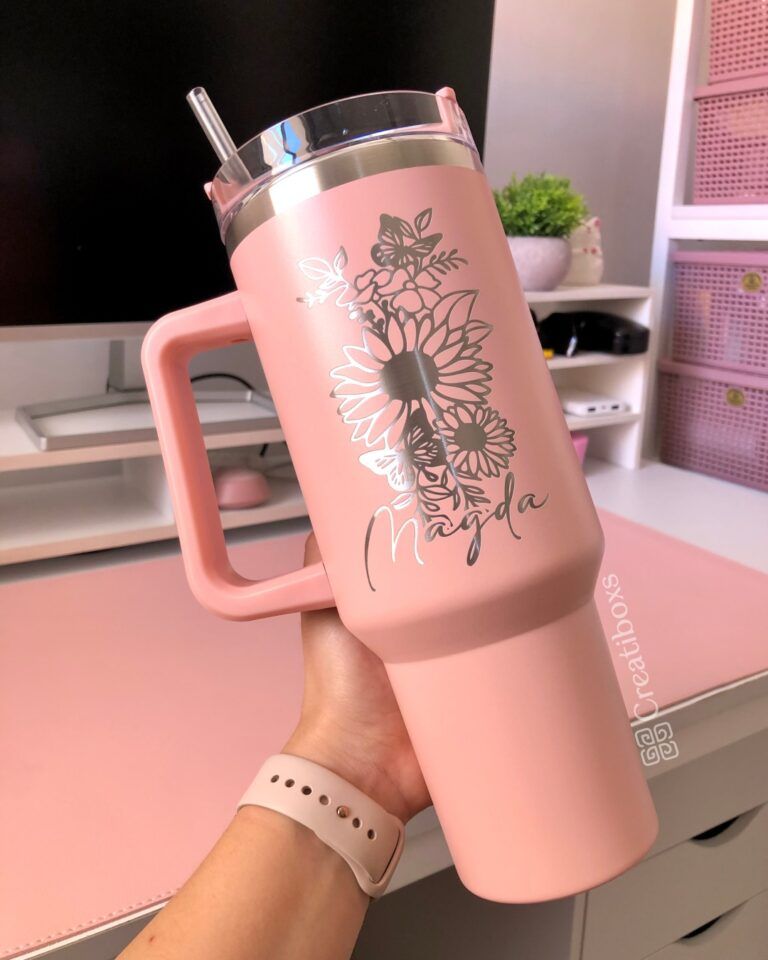termo 40oz rosa regalo personalizado en grabado laser con nombre y flores girasol