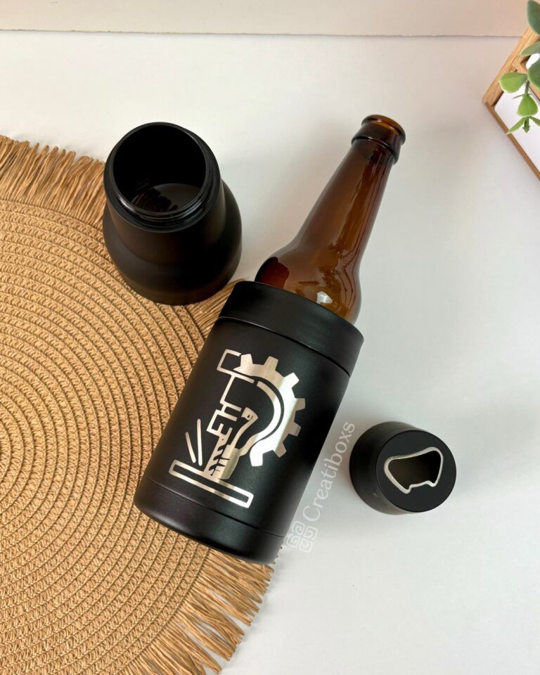 Termo portabotellas botellero color negro de acero inoxidable personalizado en grabado laser con nombre para regalo ingeniero disenador