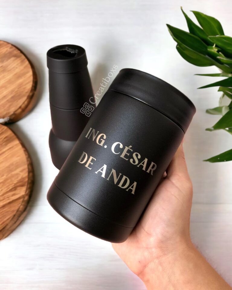 Termo porta botellas botellero color negro de acero inoxidable personalizado en grabado laser con nombre para regalo ingeniero