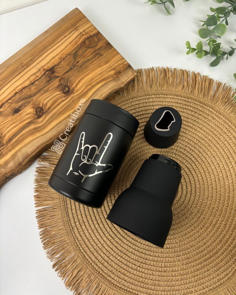 Termo portabotellas botellero color negro de acero inoxidable personalizado en grabado laser con nombre para regalo rock mano i love you