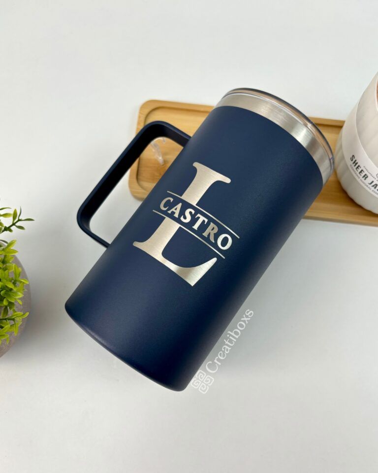 termo taza 24oz 710ml azul personalizado grabado laser con nombre inicial L