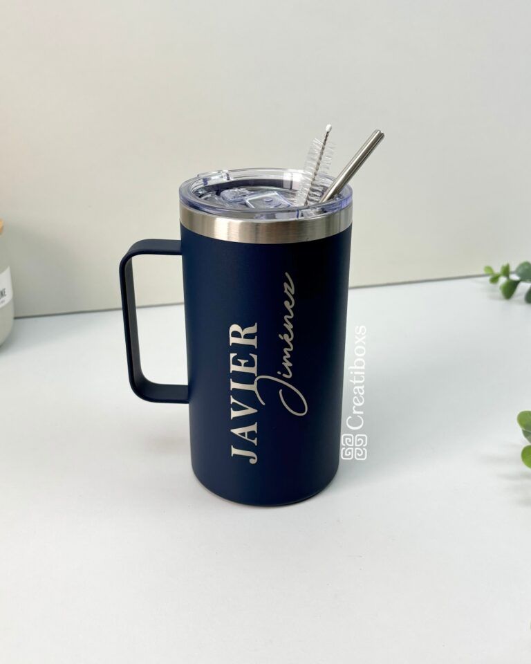 termo taza personalizado con nombre 24oz 710ml azul con popote de acero
