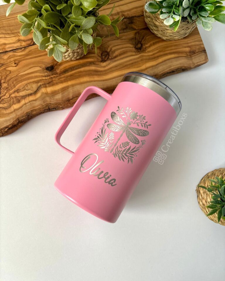 termo taza 24oz rosa personalizado con nombre y libelula