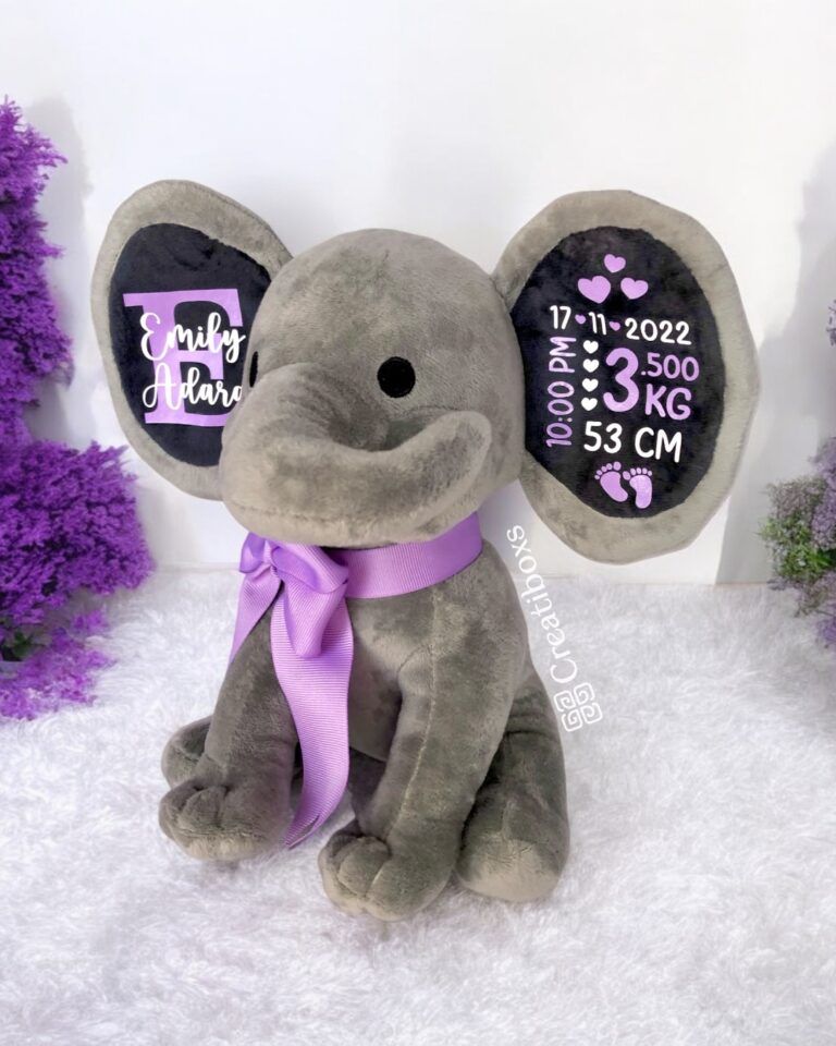 Elefante de peluche con moño morado personalizado regalo para bebe