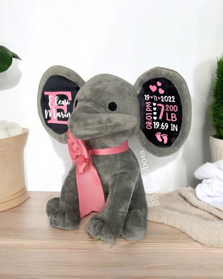 Elefante de peluche con liston rosa personalizado regalo para bebe