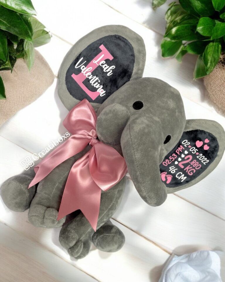 Elefante de peluche con liston rosa personalizado regalo para bebe