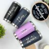 cuatro termos personalizados con grabado laser con nombres 2 para madrina y 2 para padrino en colores negro azul y lila