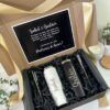 kit de regalo para padrinos con dos termos personalizados en grabado laser con nombres uno color negro y otro color rosa con mensaje en el interior de caja