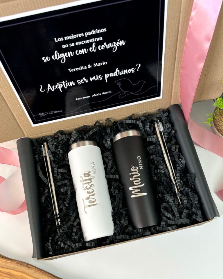 kit padrinos con caja con petición de padrinos y dos termos personalizados incluye popotes de acero inoxidable