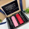 kit personalizado con caja con mensaje personalizado para padrinos de graduacion y dos termos grabados en laser uno color rojo y otro color rosa