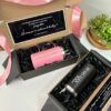 Kit de regalo para padrinos con dos termos personalizados uno rosa y uno negro en caja personalizada con petición de padrinos