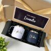 Kit de regalo para padrinos con caja de regalo personalizada y dos termos de acero estilo taza de 420ml personalizados con nombre en grabado laser