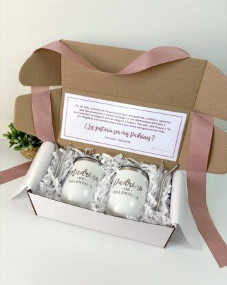 kit personalizado para padrinos con dos termos vineros 12 oz color blanco con grabado laser personalizado y caja de regalo personalizada con mensaje