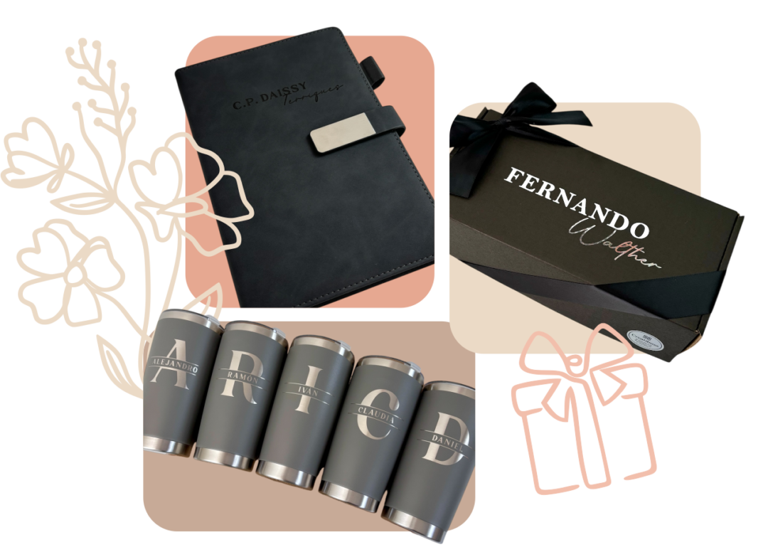 Libreta personalizada, caja personalizada con nombre y cinco termos personalizados con iniciales sobre fondo decorativo.