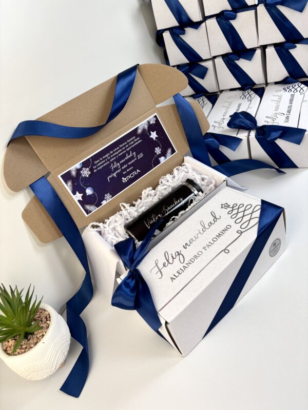 El regalo corporativo incluye una caja de regalo con una tarjeta navideña, una cinta azul marino y la frase "Feliz Navidad" impresa, ideal para la temporada festiva y presentada junto a una pequeña planta en maceta.